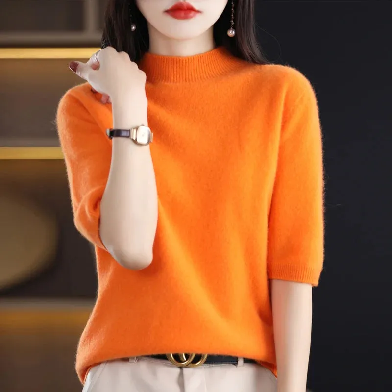 Fashion Half Short Sleeve 100% Merino Wool Sweater Basic Mock-Neck  Cashmere Women Knitted Top  Pullover Clothing Tops