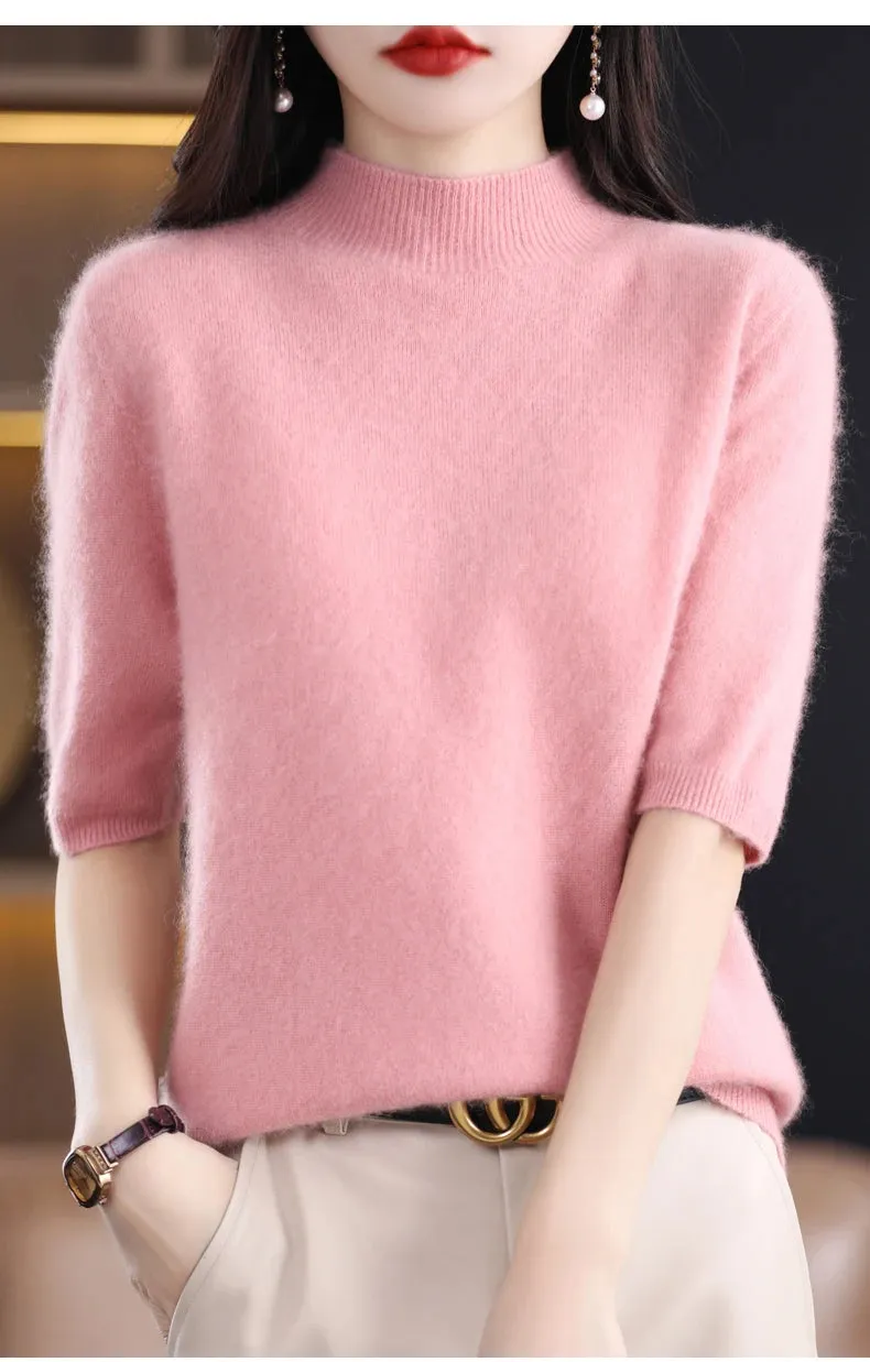 Fashion Half Short Sleeve 100% Merino Wool Sweater Basic Mock-Neck  Cashmere Women Knitted Top  Pullover Clothing Tops