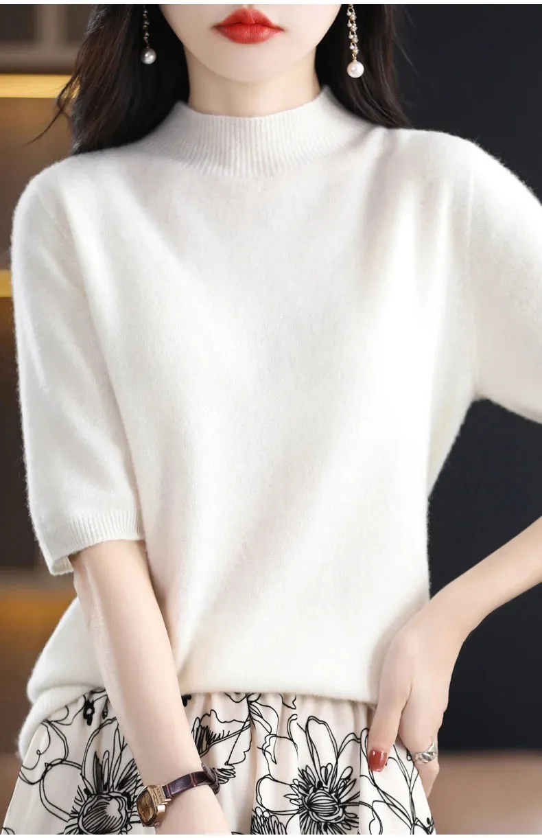 Fashion Half Short Sleeve 100% Merino Wool Sweater Basic Mock-Neck  Cashmere Women Knitted Top  Pullover Clothing Tops