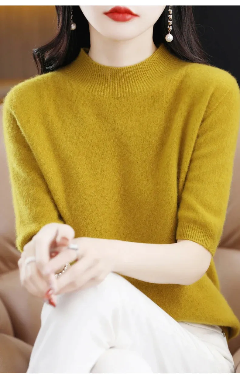 Fashion Half Short Sleeve 100% Merino Wool Sweater Basic Mock-Neck  Cashmere Women Knitted Top  Pullover Clothing Tops