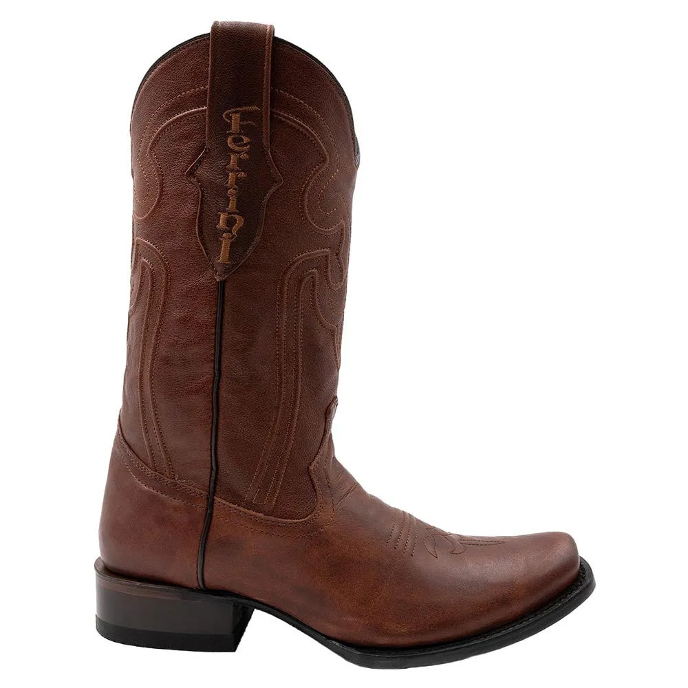 Ferrini Wyatt Brandy Full Grain Narrow Square Toe Leather Cowboy Boots