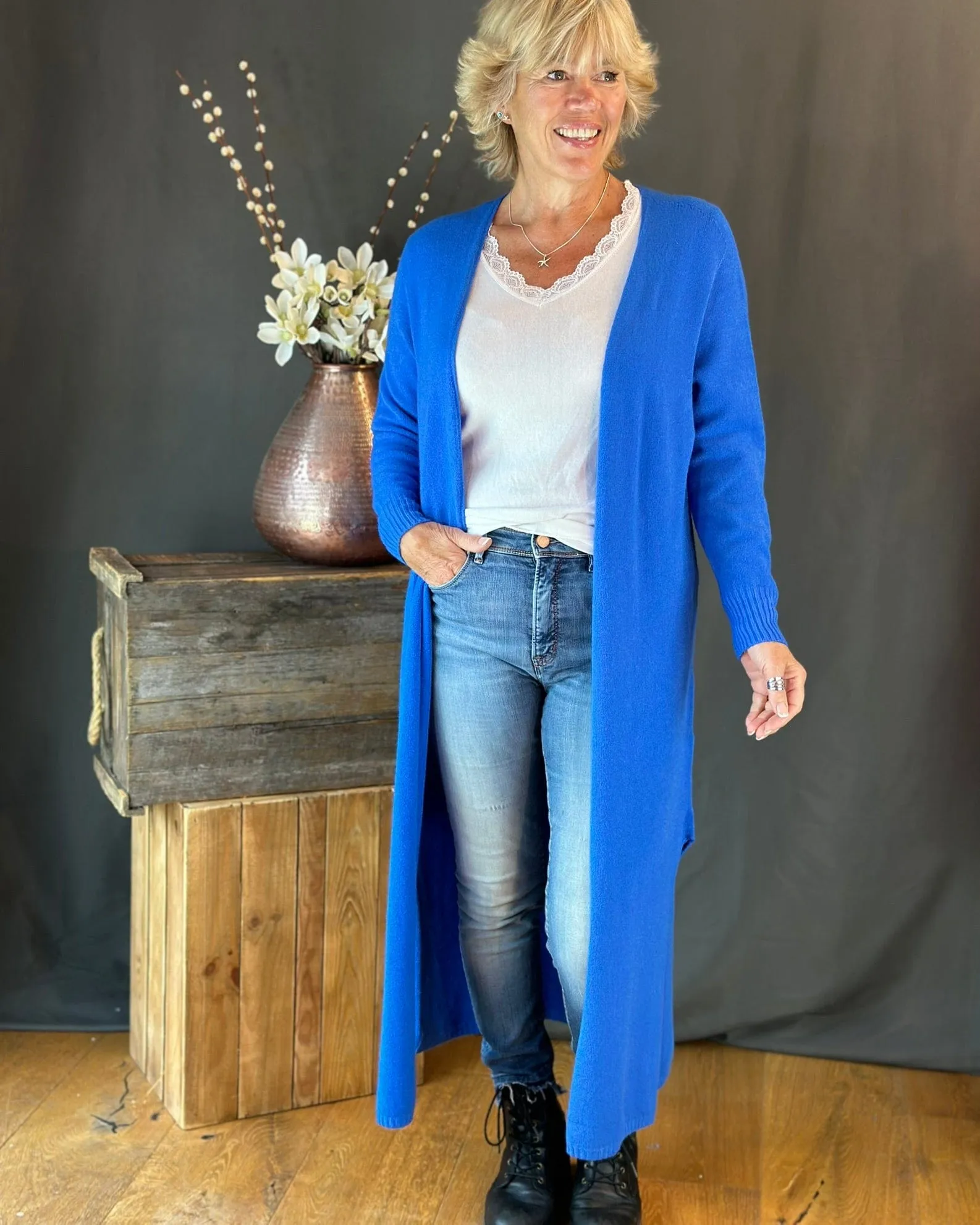 Fine Knit Long Cardigan - Cobalt Blue