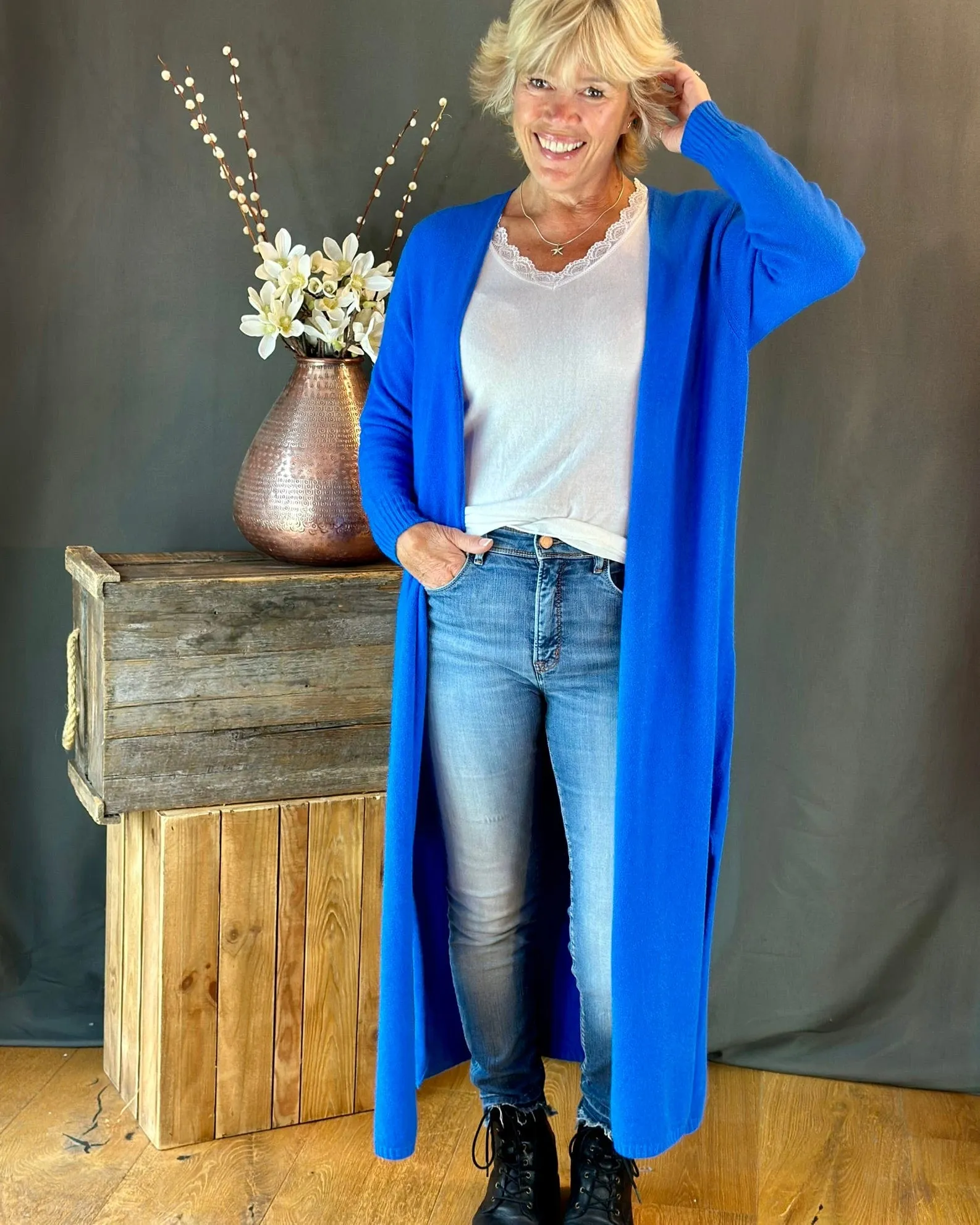 Fine Knit Long Cardigan - Cobalt Blue