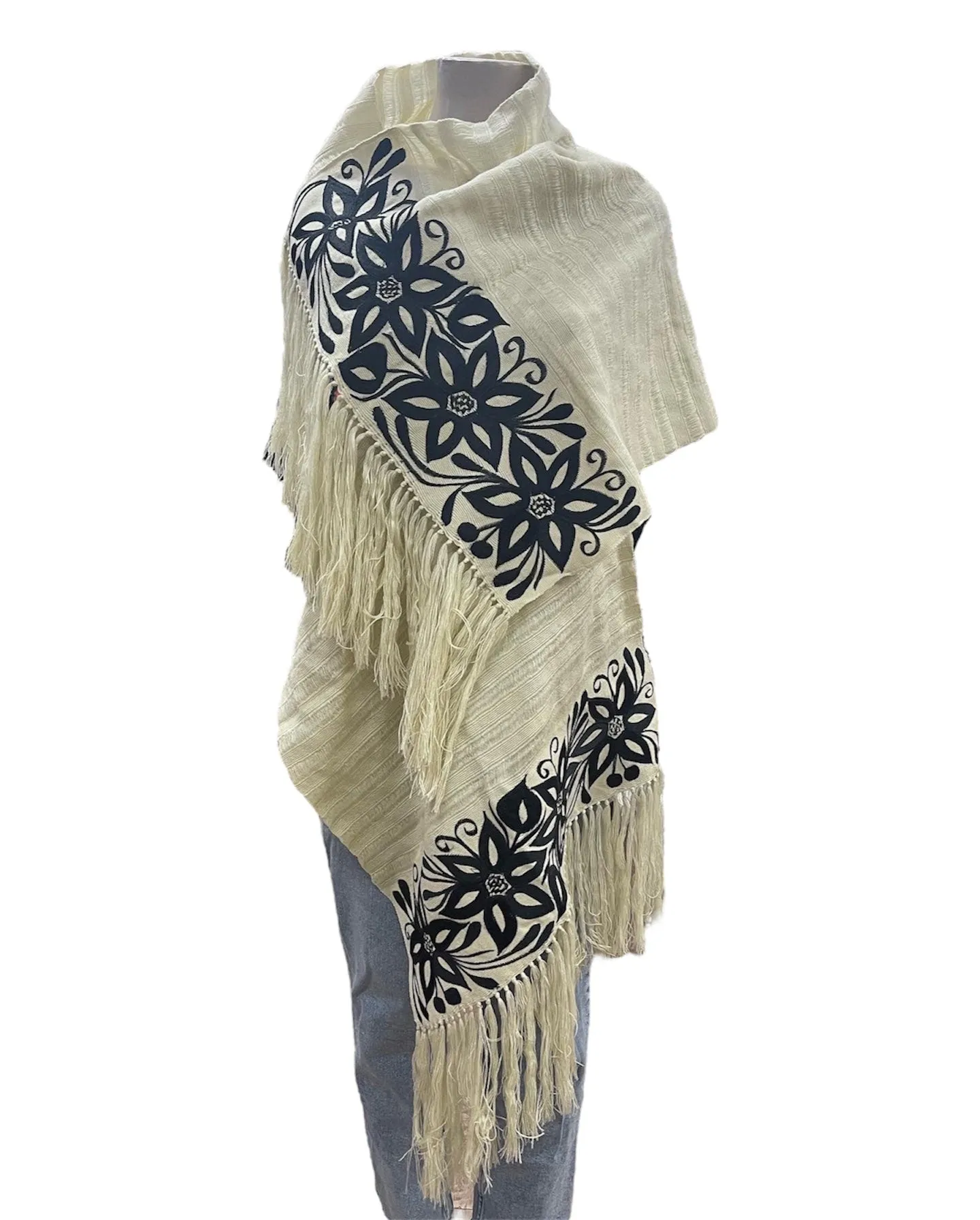 Fine loomed shawl with floral embroidery