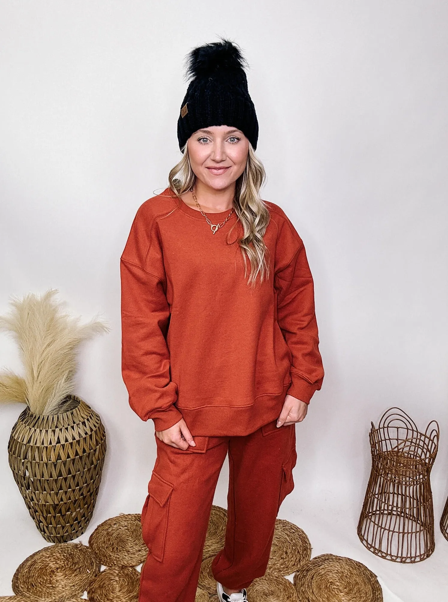 Fleece Lined Pullover Sweatshirt in Baked Clay