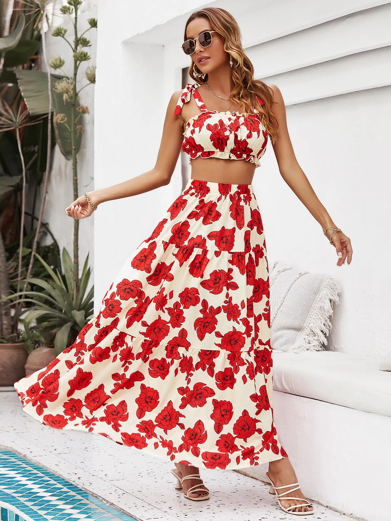 Floral 2 Piece Tropical Vacation Maxi Skirt Set