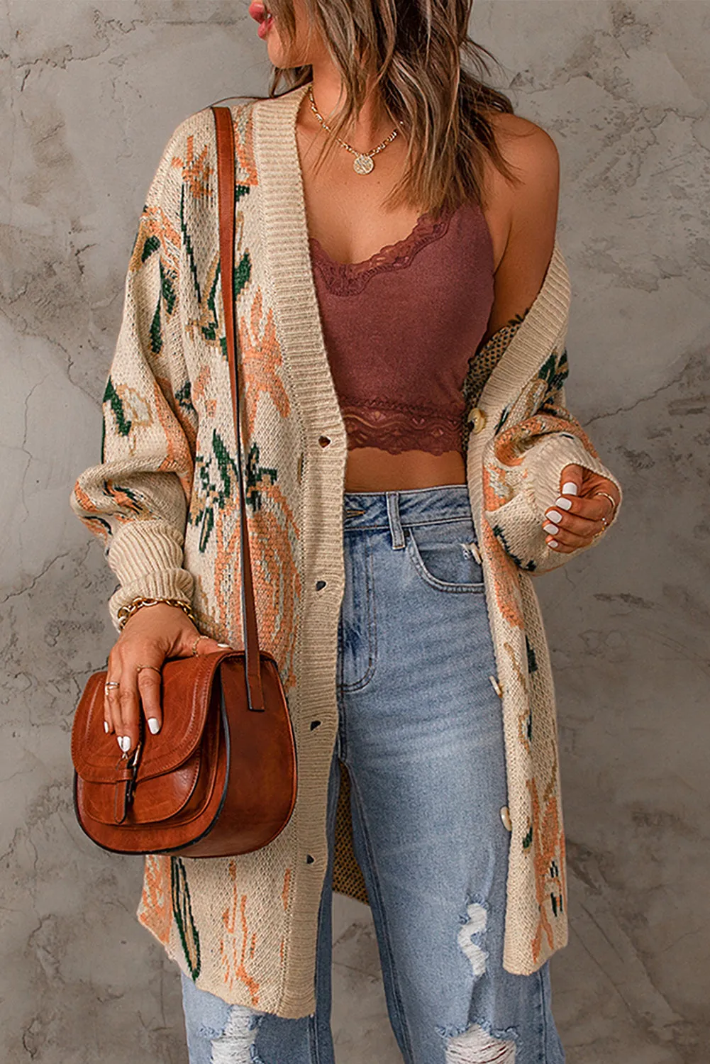 Floral Pattern Ribbed Trim Cardigan