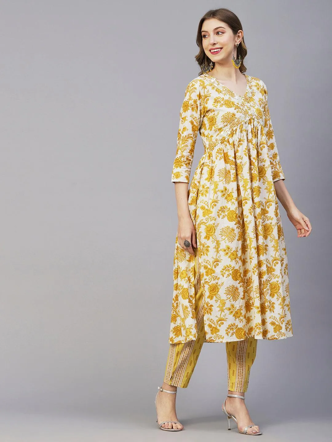 Floral Printed Mirror & Sequins Embroidered High Slit Kurta With Pants & Dupatta - White & Mustard