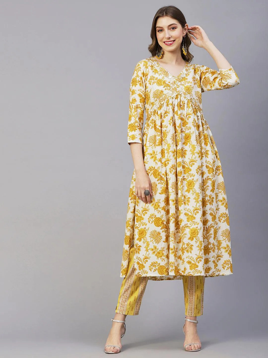 Floral Printed Mirror & Sequins Embroidered High Slit Kurta With Pants & Dupatta - White & Mustard