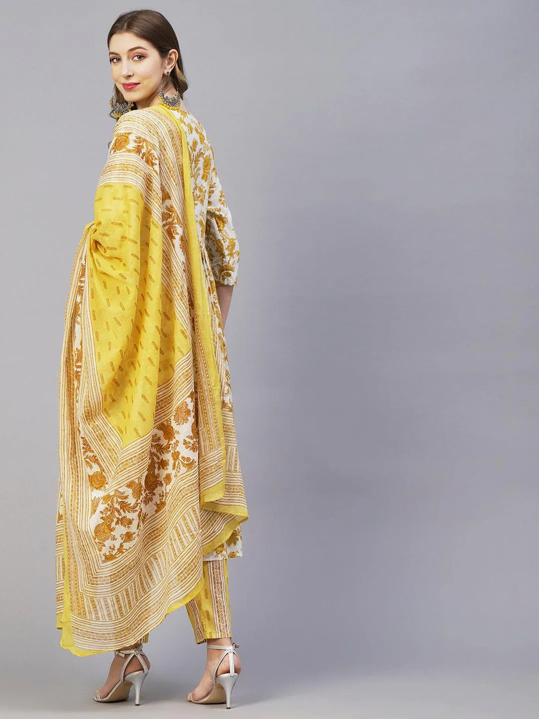 Floral Printed Mirror & Sequins Embroidered High Slit Kurta With Pants & Dupatta - White & Mustard