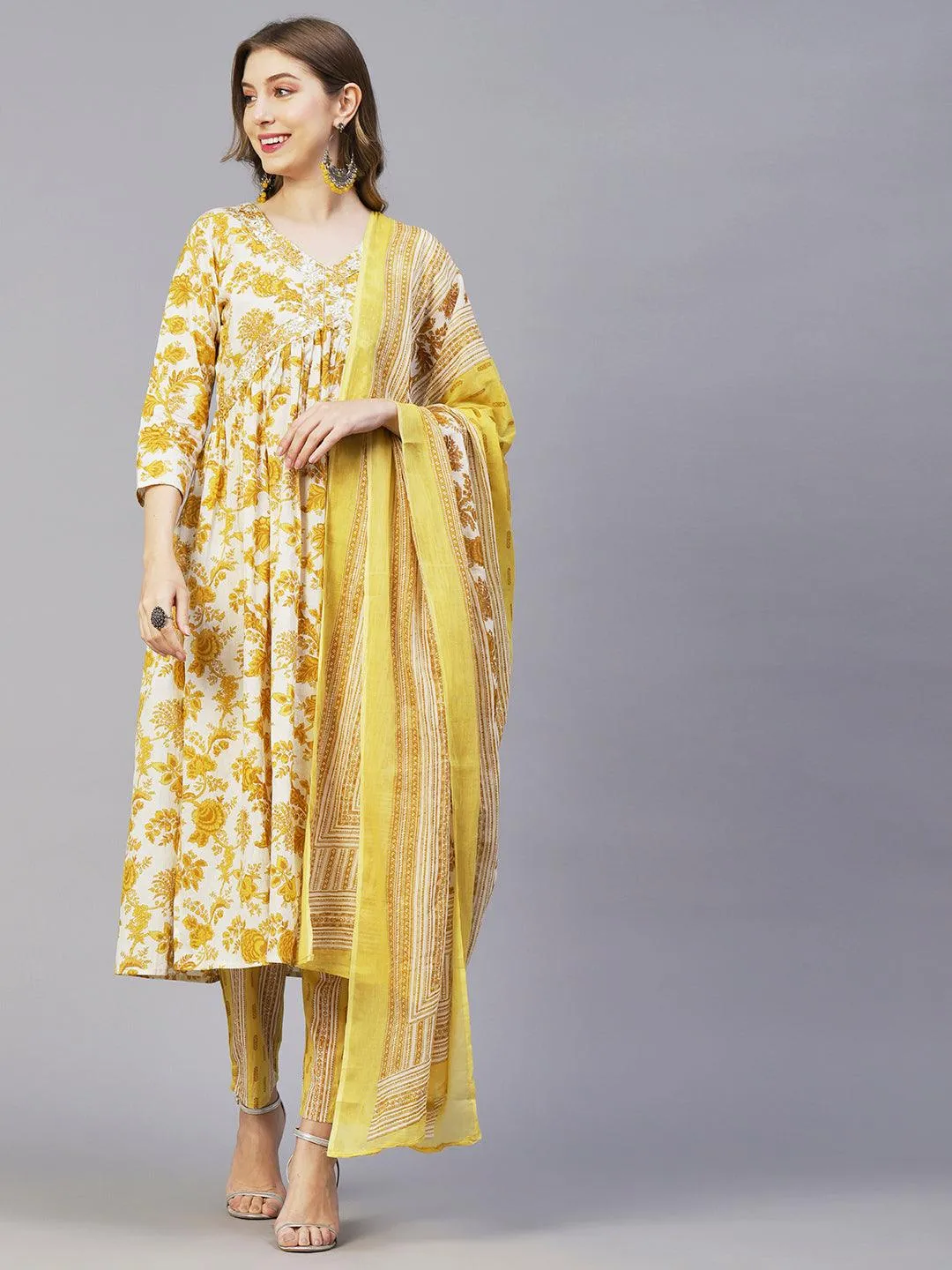 Floral Printed Mirror & Sequins Embroidered High Slit Kurta With Pants & Dupatta - White & Mustard