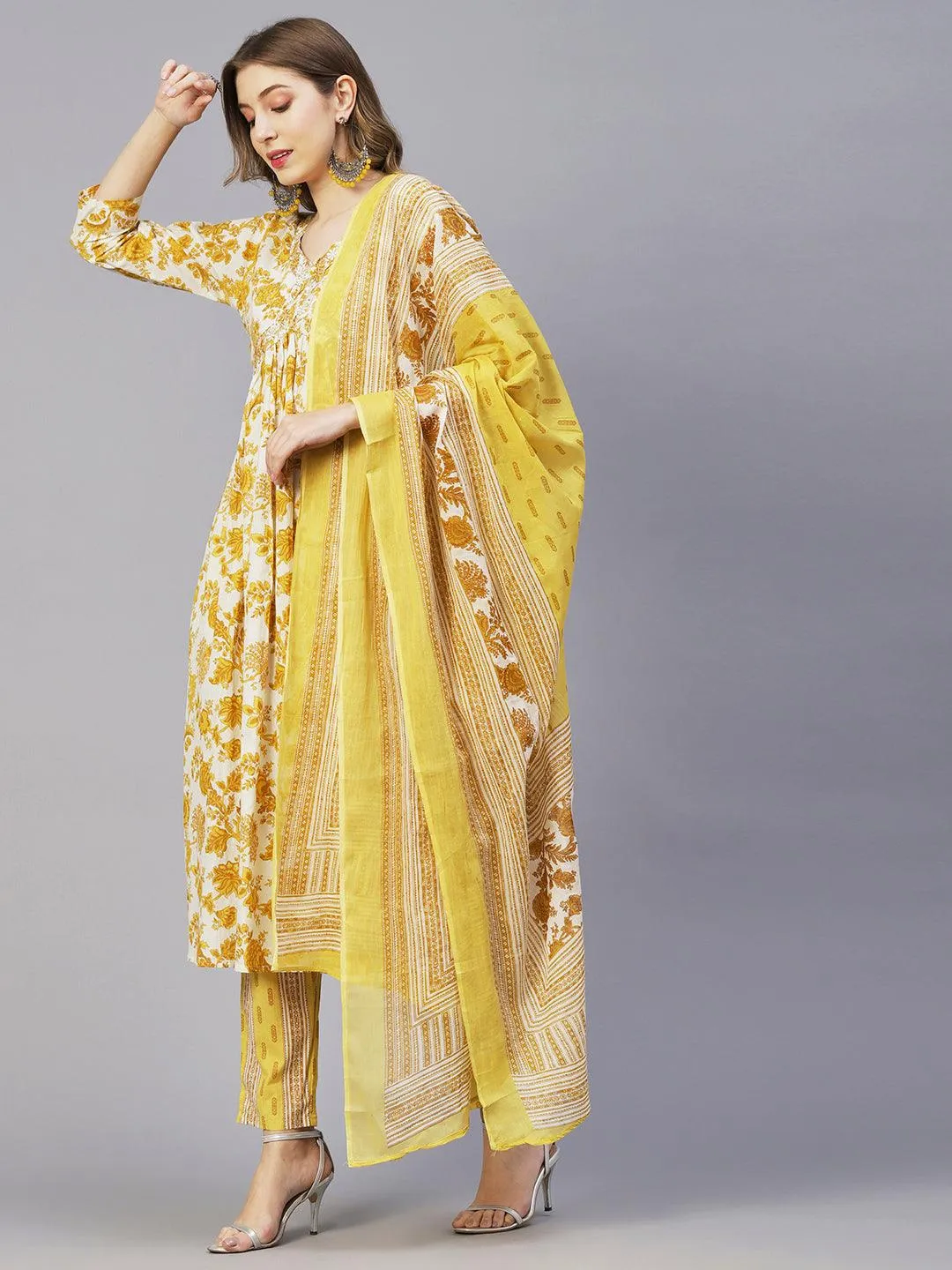 Floral Printed Mirror & Sequins Embroidered High Slit Kurta With Pants & Dupatta - White & Mustard