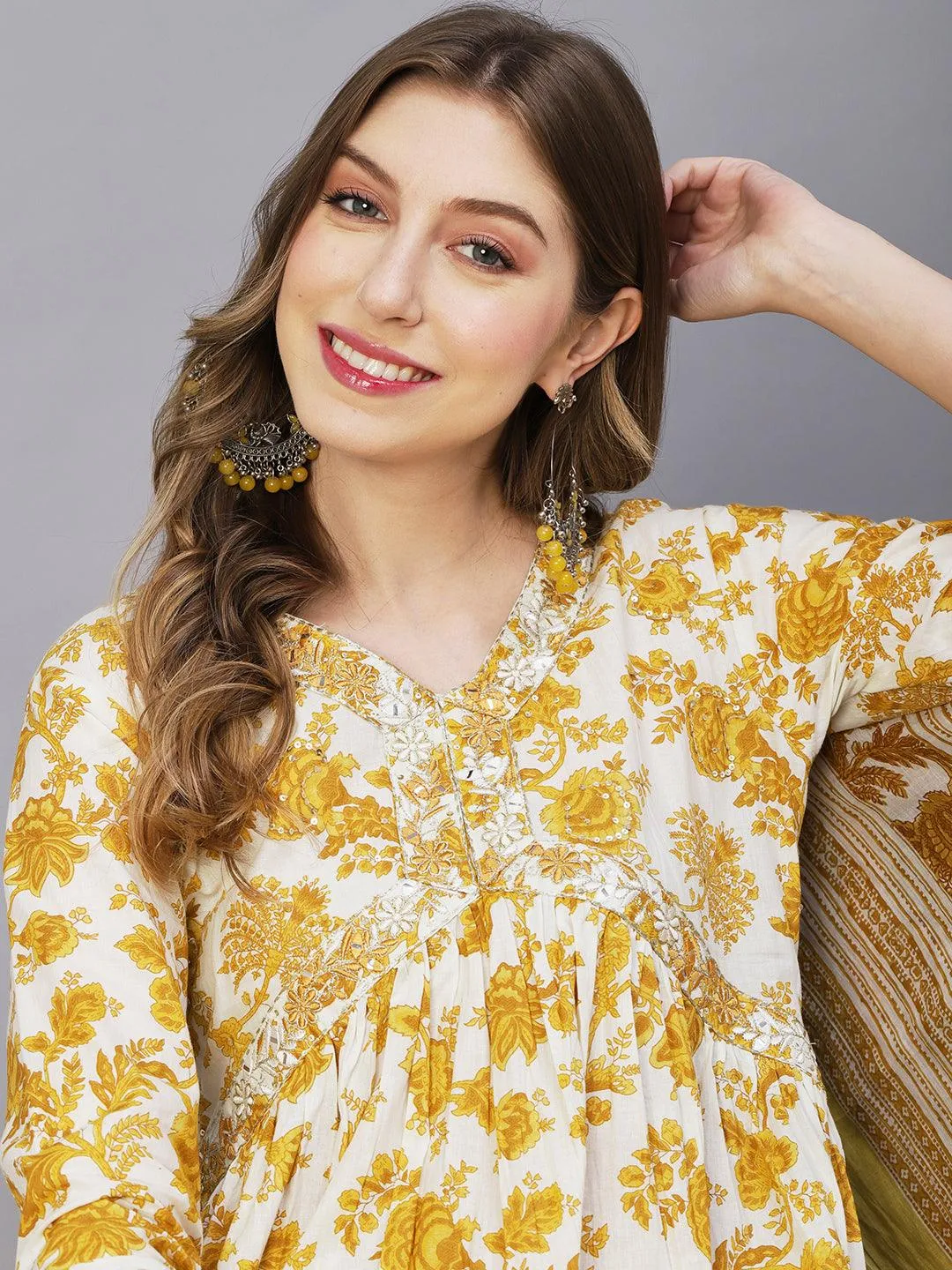 Floral Printed Mirror & Sequins Embroidered High Slit Kurta With Pants & Dupatta - White & Mustard