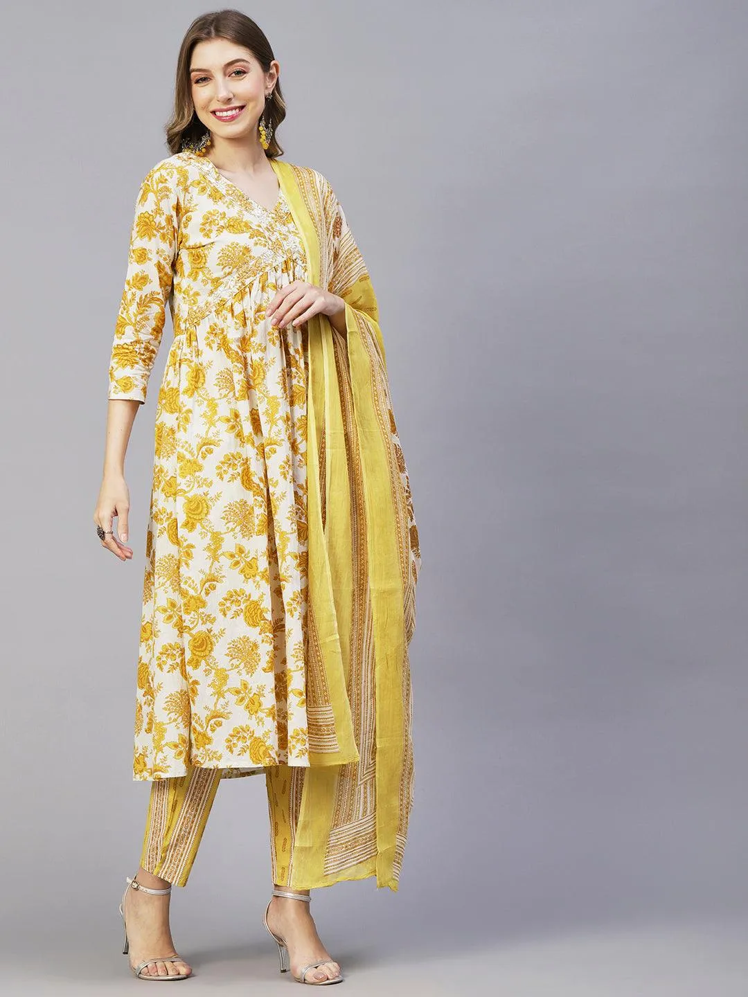 Floral Printed Mirror & Sequins Embroidered High Slit Kurta With Pants & Dupatta - White & Mustard