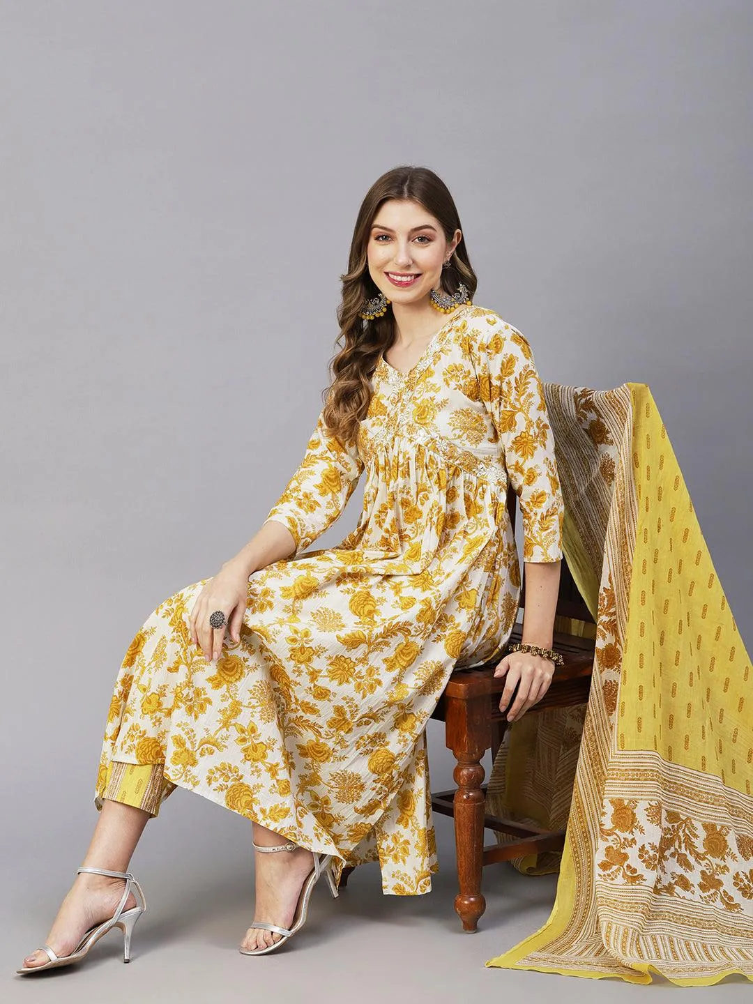 Floral Printed Mirror & Sequins Embroidered High Slit Kurta With Pants & Dupatta - White & Mustard