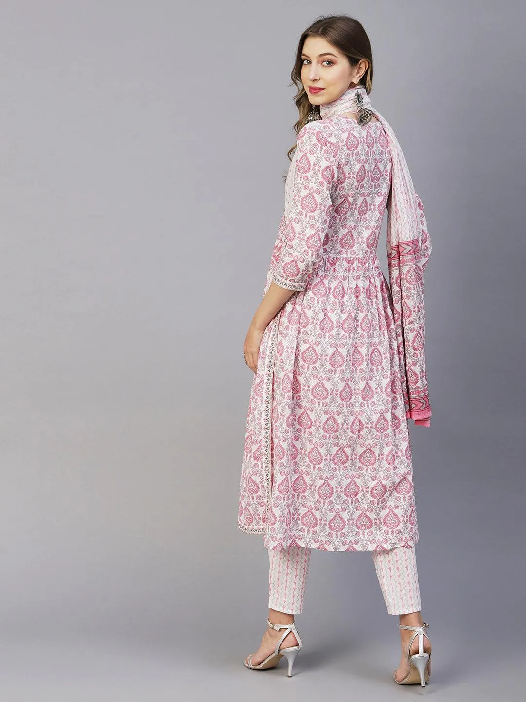 Floral Printed Mirror, Zari & Sequins Embroidered High Slit Kurta With Pants & Dupatta - White & Pink