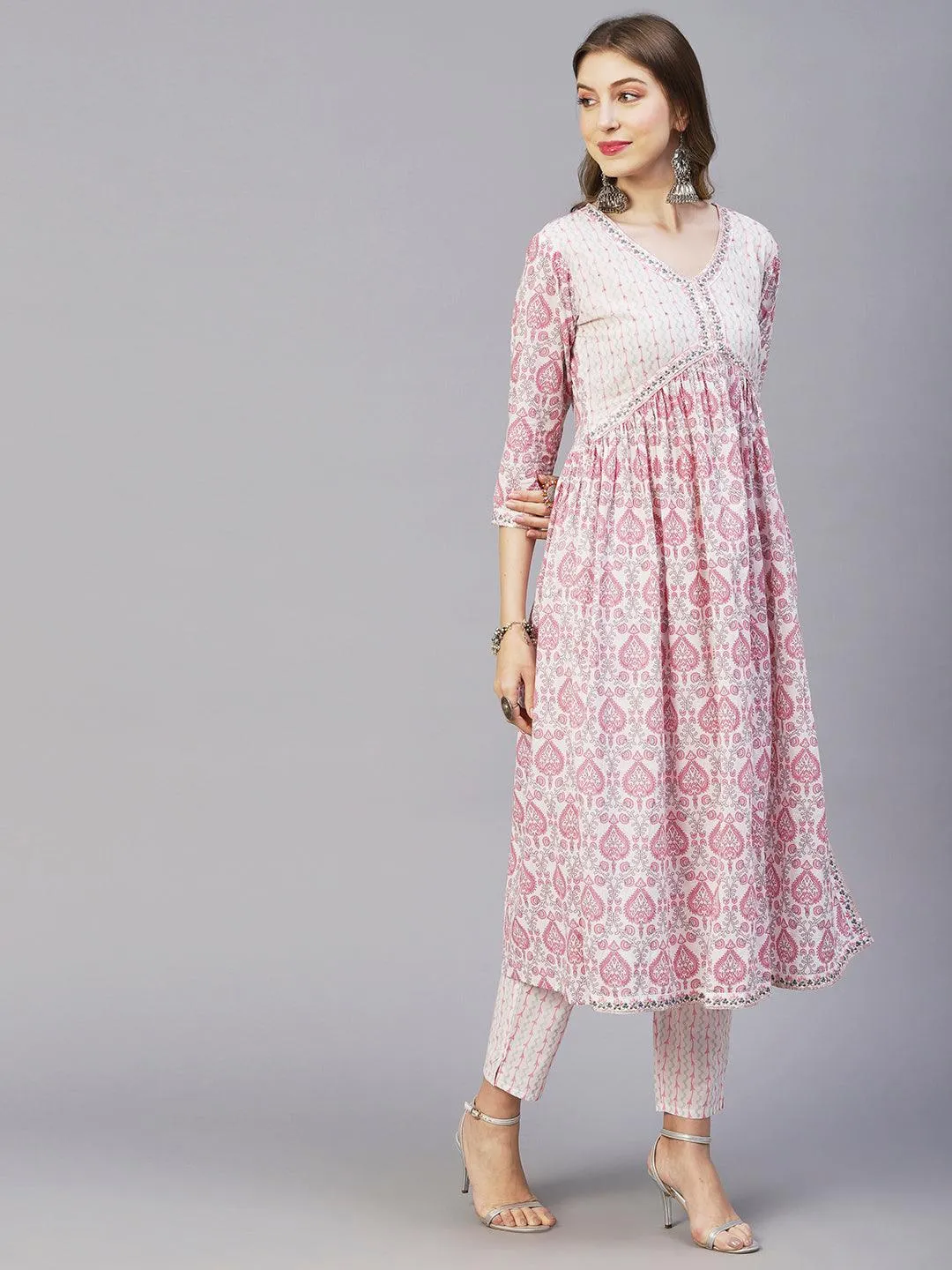 Floral Printed Mirror, Zari & Sequins Embroidered High Slit Kurta With Pants & Dupatta - White & Pink