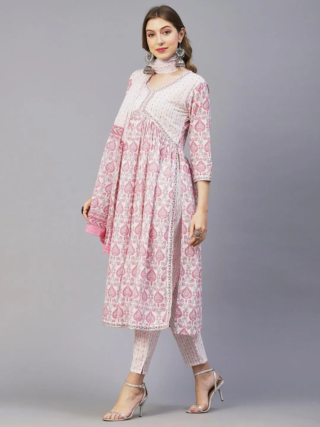 Floral Printed Mirror, Zari & Sequins Embroidered High Slit Kurta With Pants & Dupatta - White & Pink