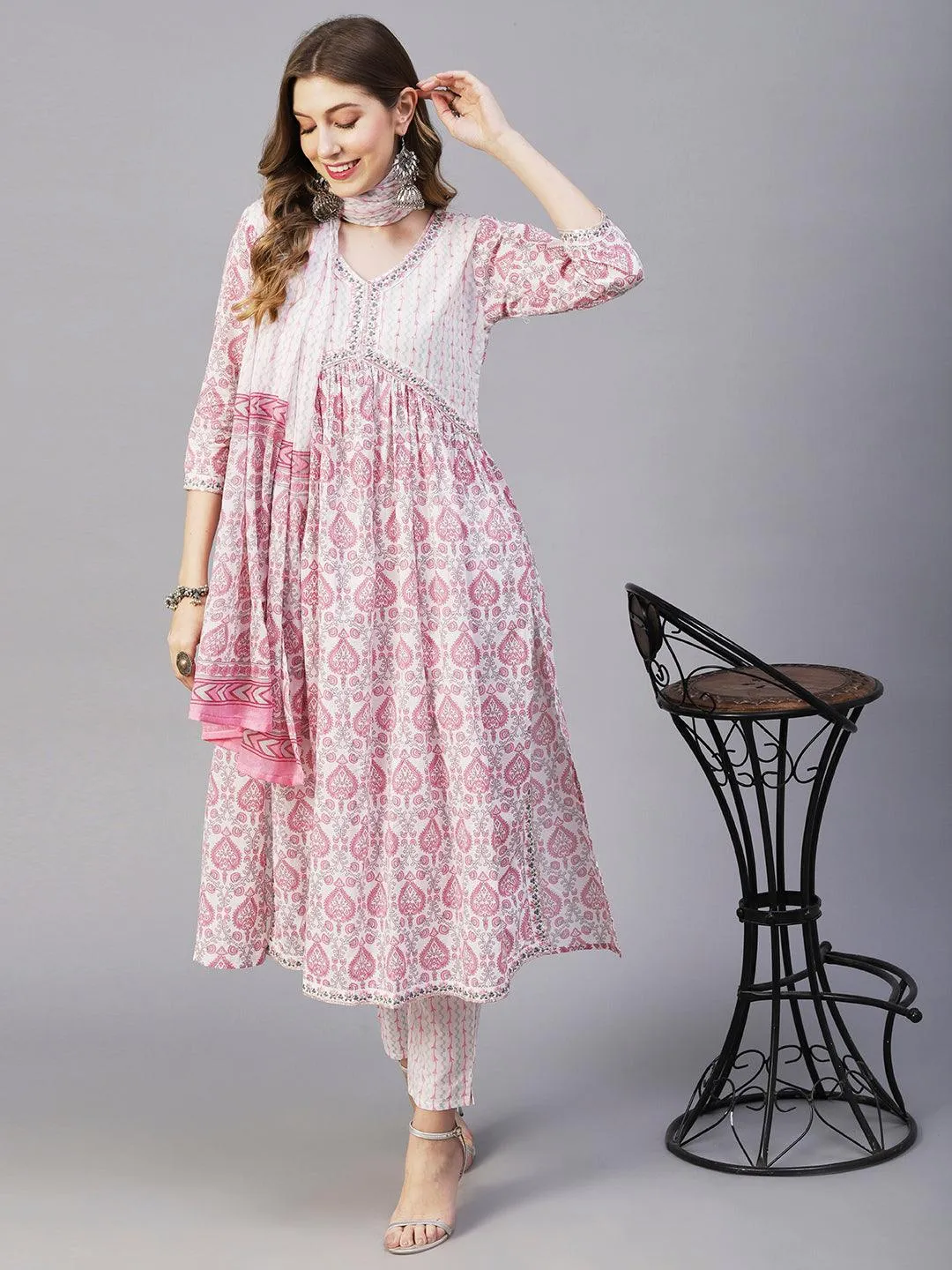 Floral Printed Mirror, Zari & Sequins Embroidered High Slit Kurta With Pants & Dupatta - White & Pink