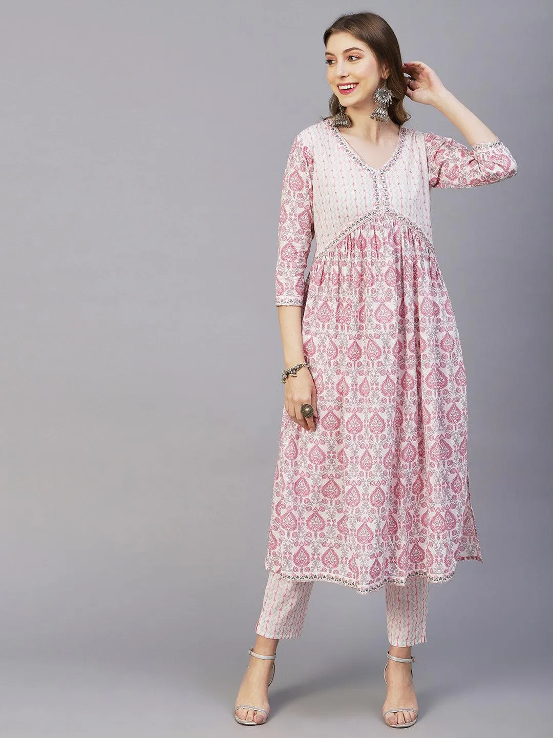 Floral Printed Mirror, Zari & Sequins Embroidered High Slit Kurta With Pants & Dupatta - White & Pink