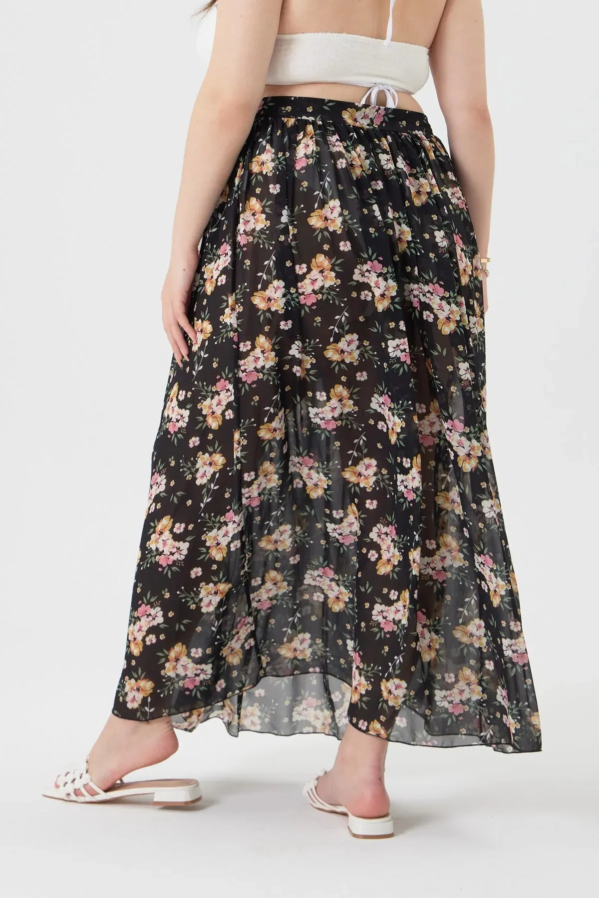 Floral Sheer Wrap Cover Ups Maxi Skirt