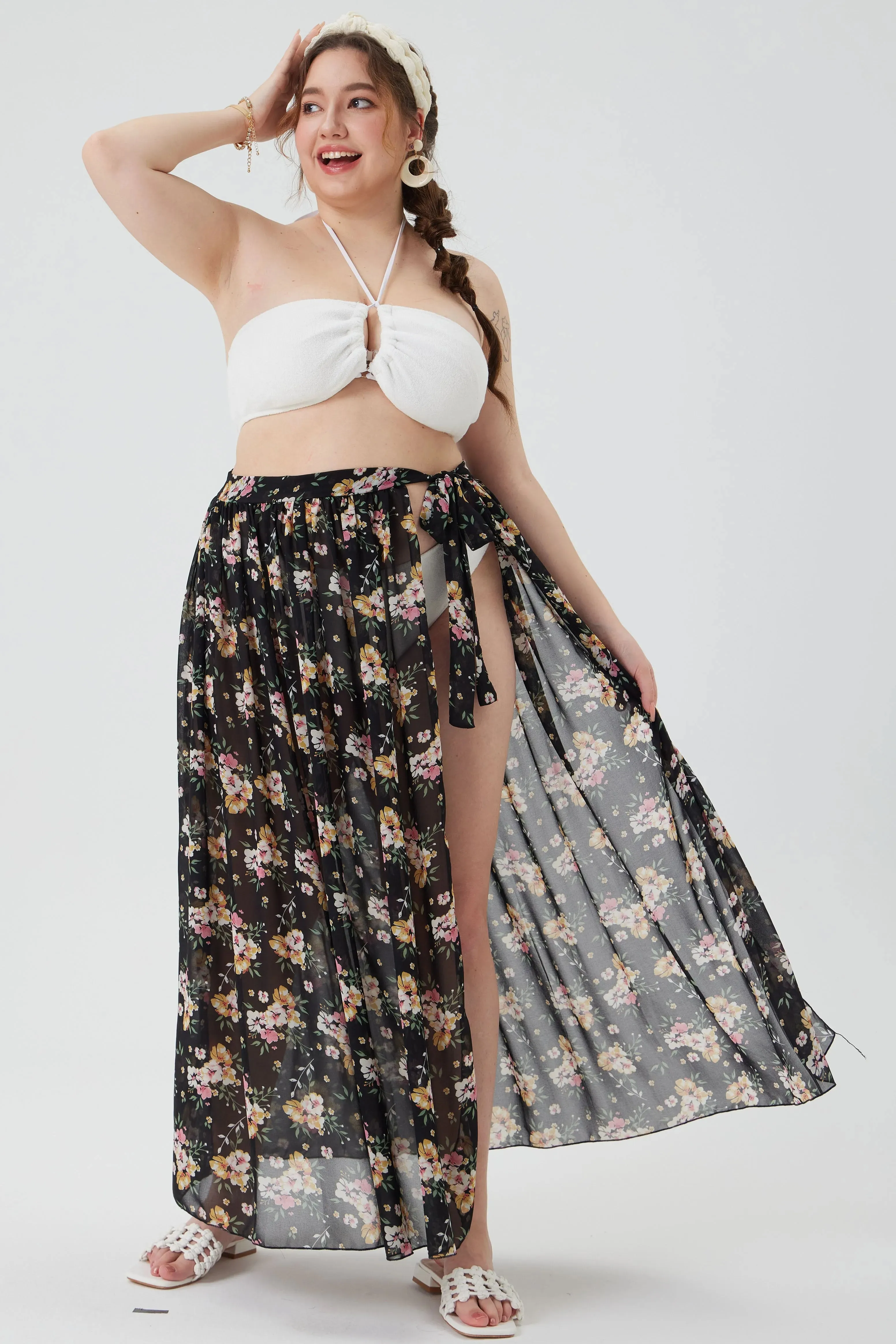 Floral Sheer Wrap Cover Ups Maxi Skirt