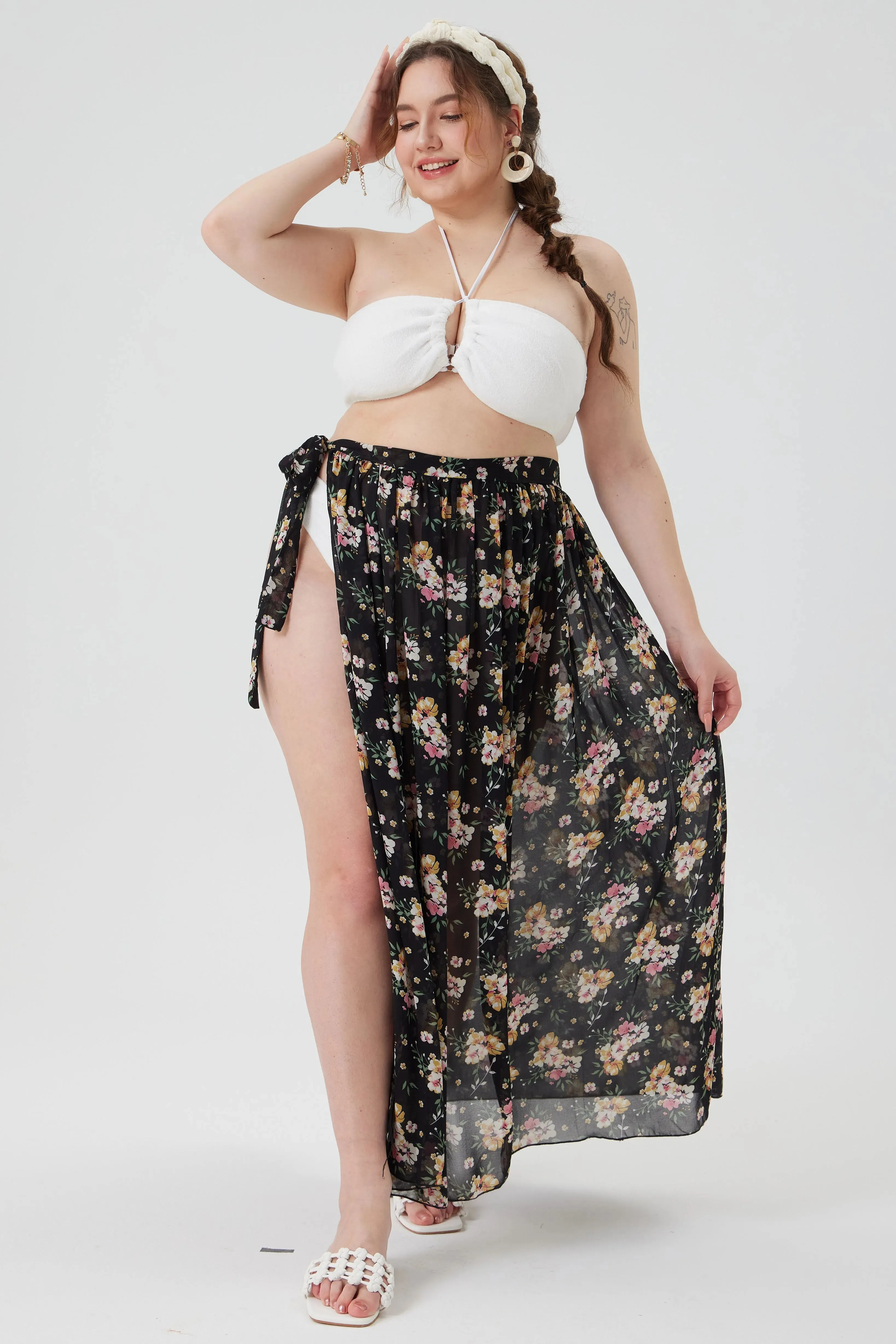 Floral Sheer Wrap Cover Ups Maxi Skirt