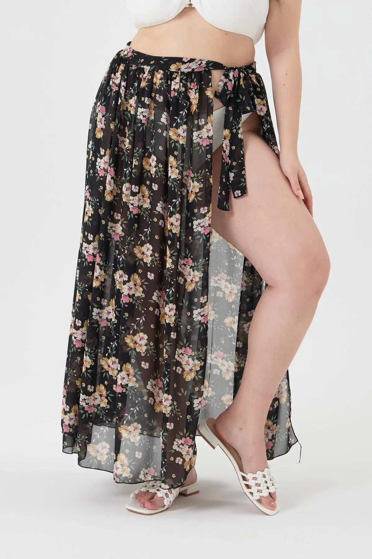 Floral Sheer Wrap Cover Ups Maxi Skirt