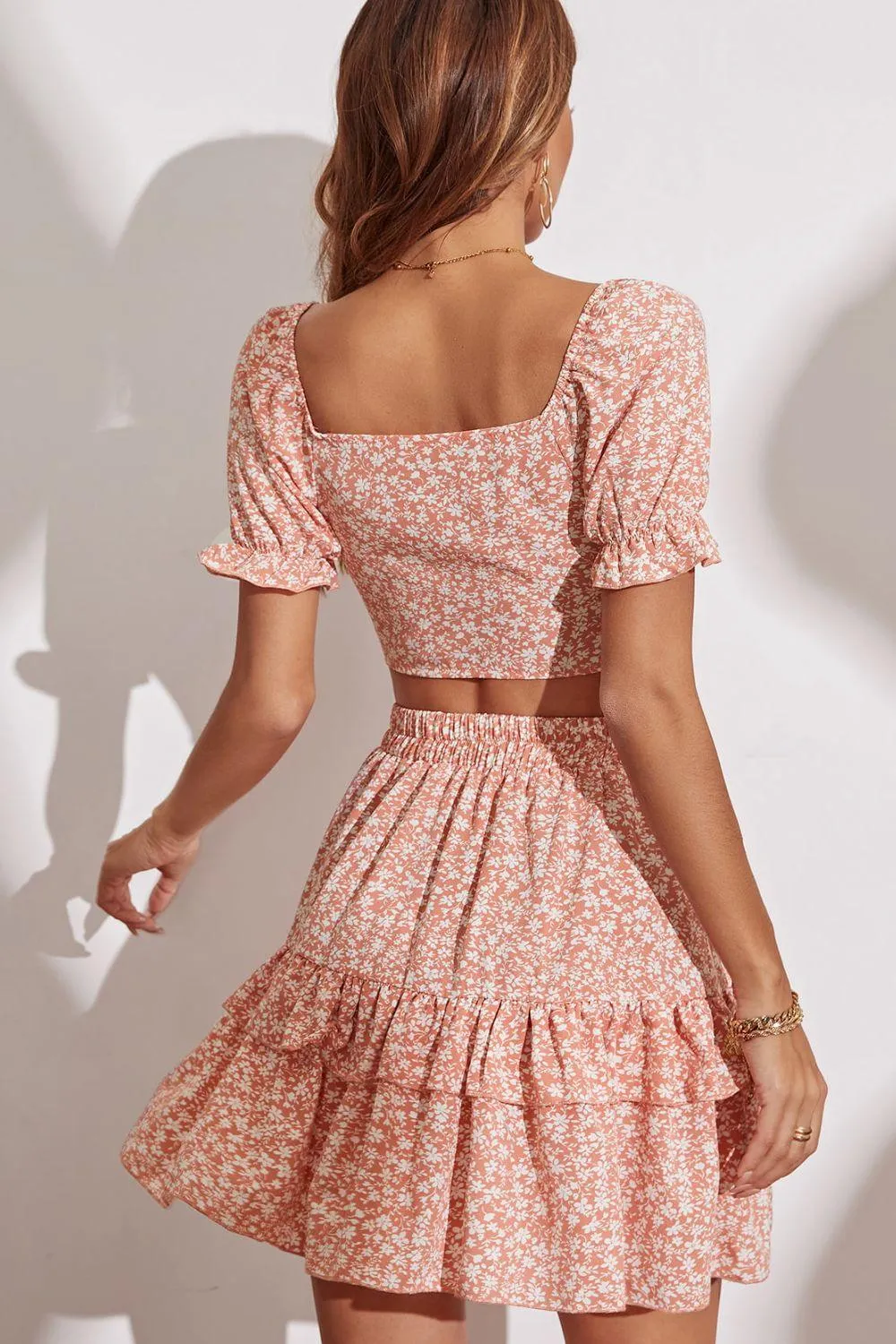 FLORAL TIED CROP TOP AND LAYERED MINI SKIRT SET