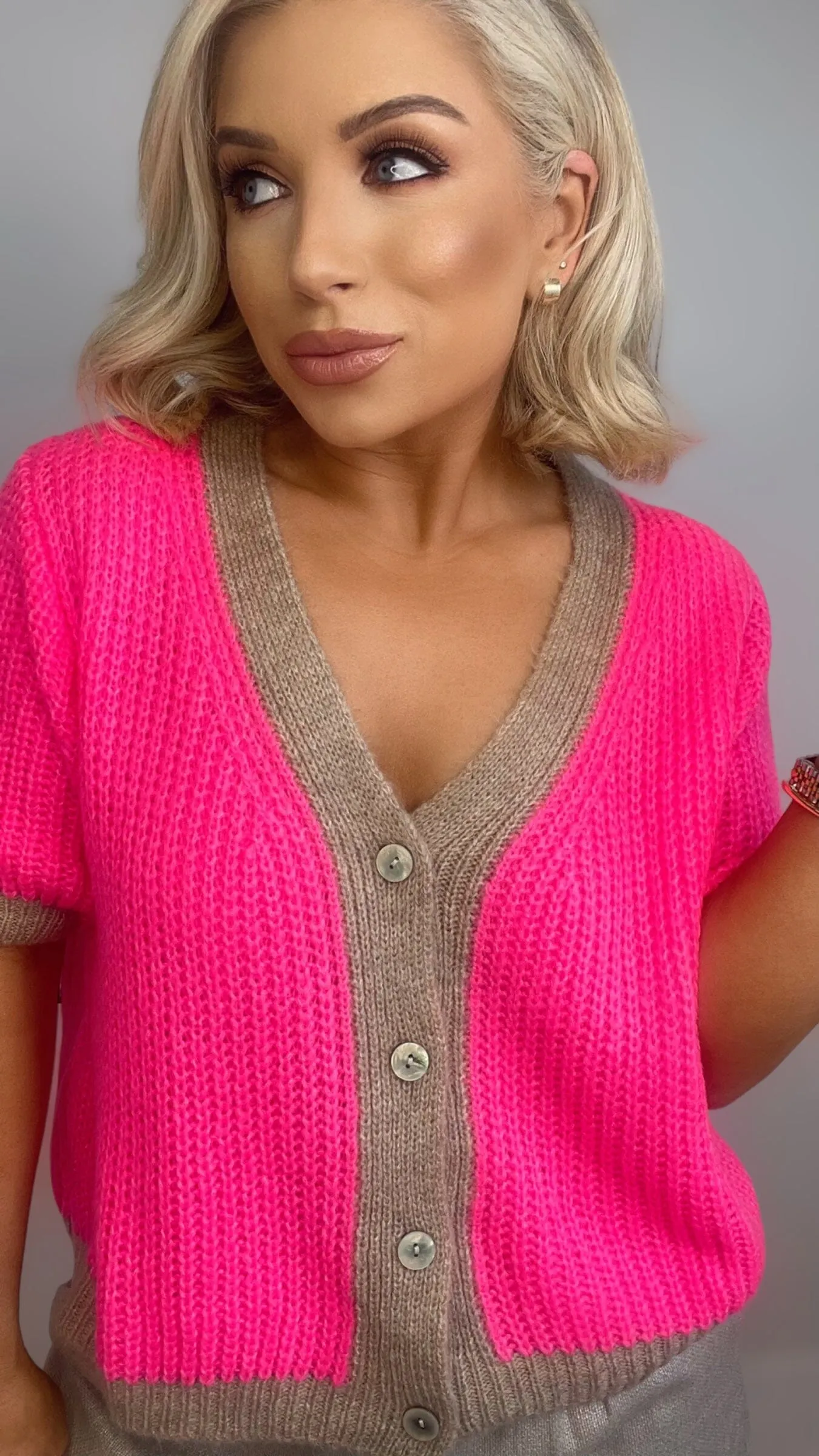 FLORENCE 2 TONE CARDI - NEON PINK/BISCUIT