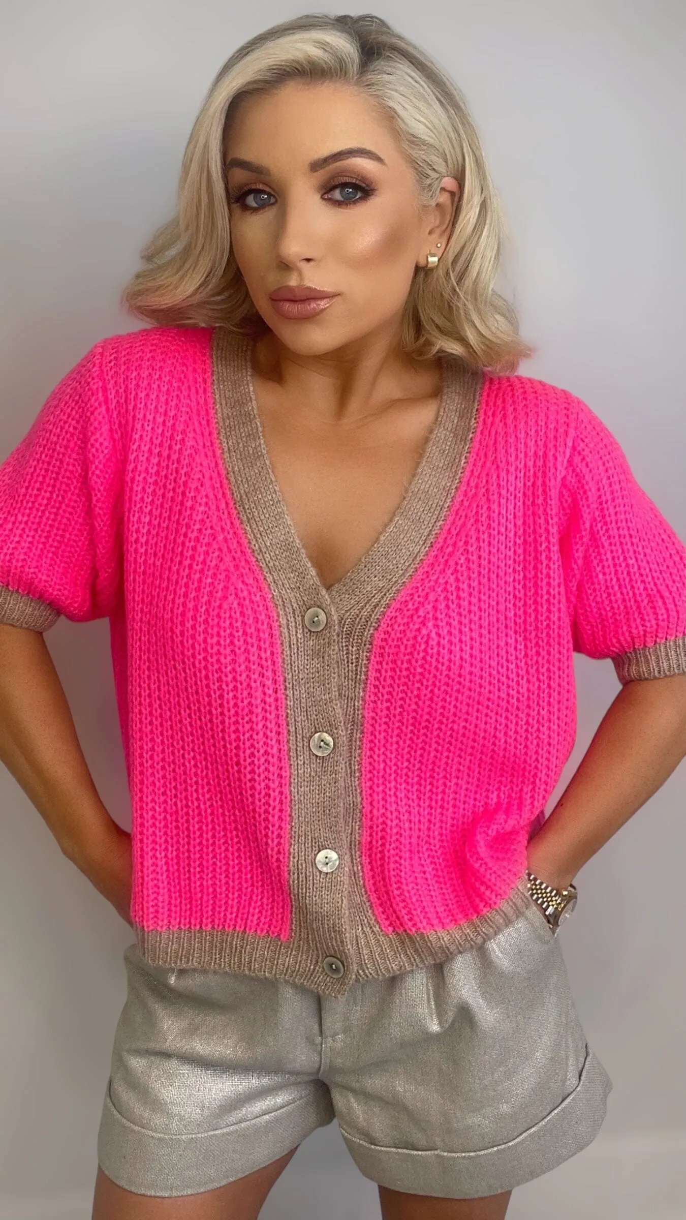 FLORENCE 2 TONE CARDI - NEON PINK/BISCUIT