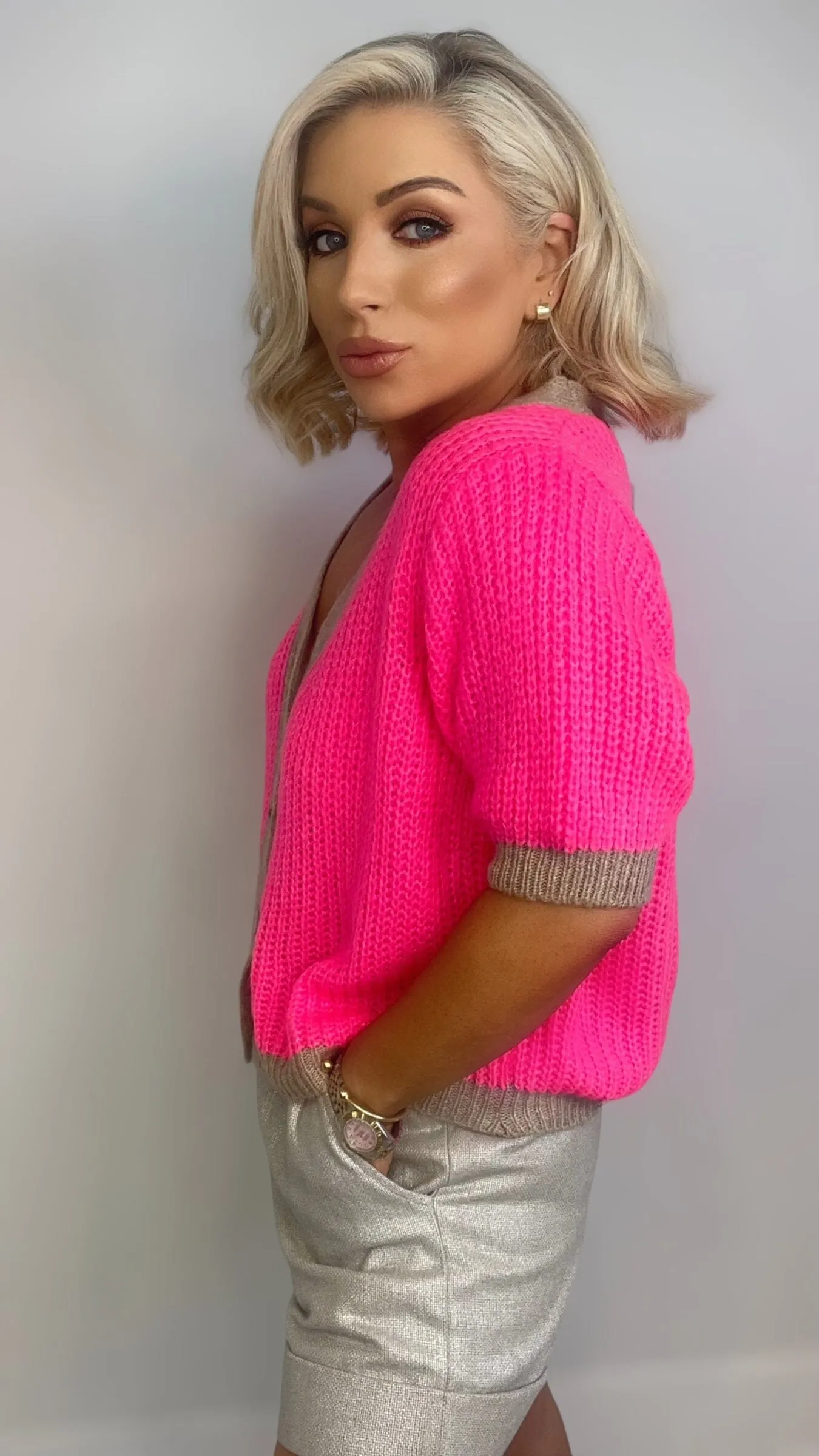 FLORENCE 2 TONE CARDI - NEON PINK/BISCUIT