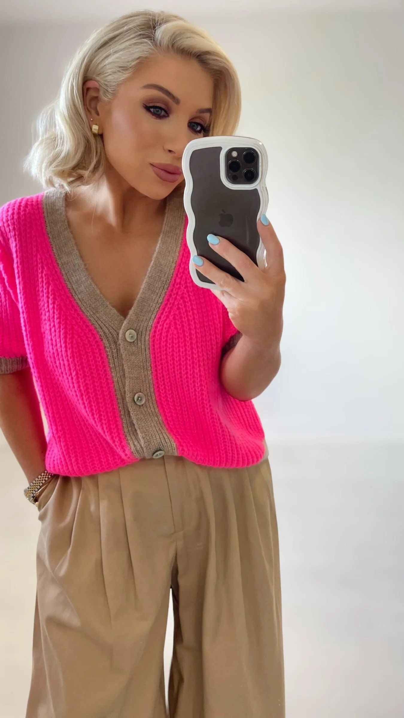 FLORENCE 2 TONE CARDI - NEON PINK/BISCUIT