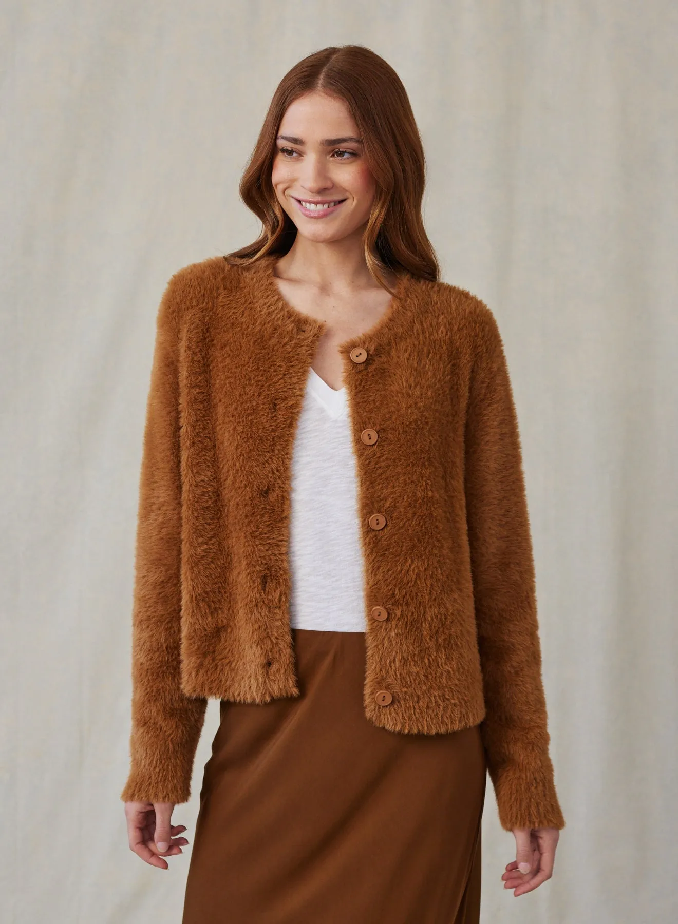 Fuzzy Crew Neck Cardigan- Twilight Gold