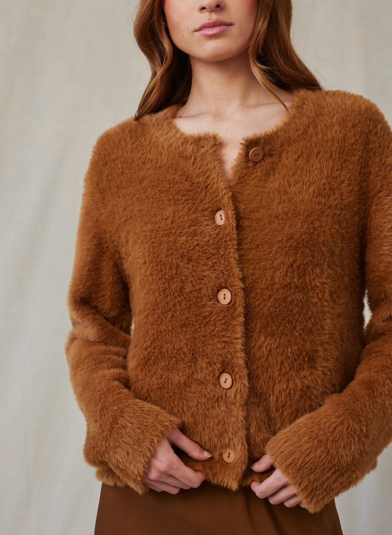 Fuzzy Crew Neck Cardigan- Twilight Gold