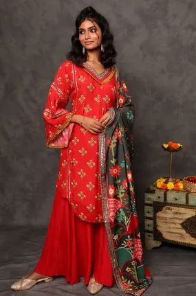 GEET- Scarlet Red Three Piece Suit Set With Printed Dupatta