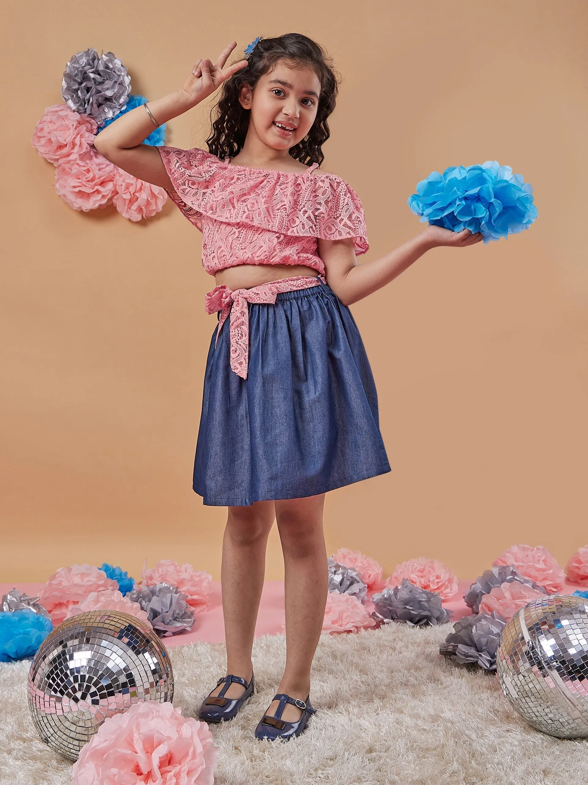 Girls Self Design Off-Shoulder Blousan Top With Skirt - PS Peaches