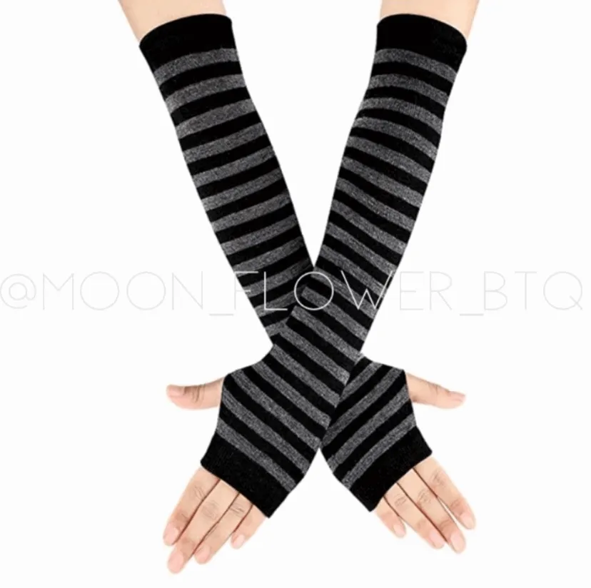 Gray Black Striped Long Fingerless Gloves Arm Warmers