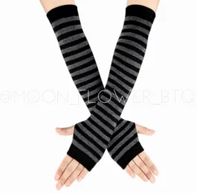 Gray Black Striped Long Fingerless Gloves Arm Warmers