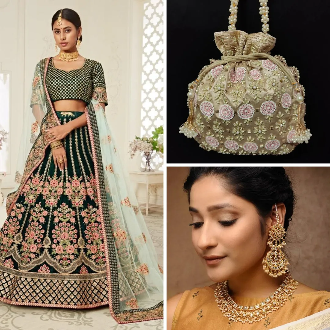 Green Heavy Bridal Wear Lehenga Choli   Creamy Brown embroidered Potli   Kundan Pearl Necklace Set- Rent