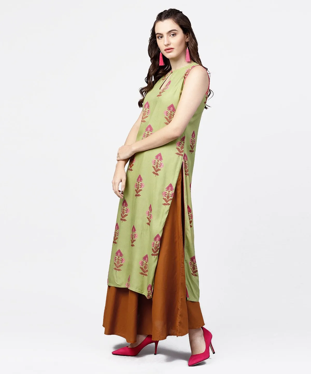 Green Printed Boat Neck Sleeveless Cotton Kurta Solid Skirt