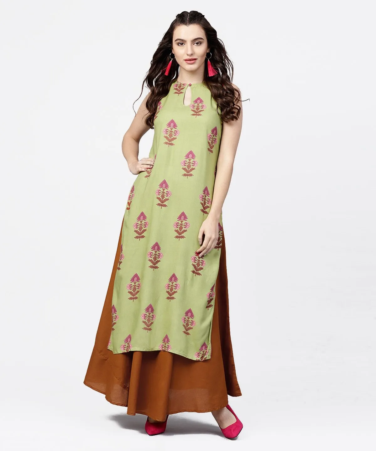 Green Printed Boat Neck Sleeveless Cotton Kurta Solid Skirt