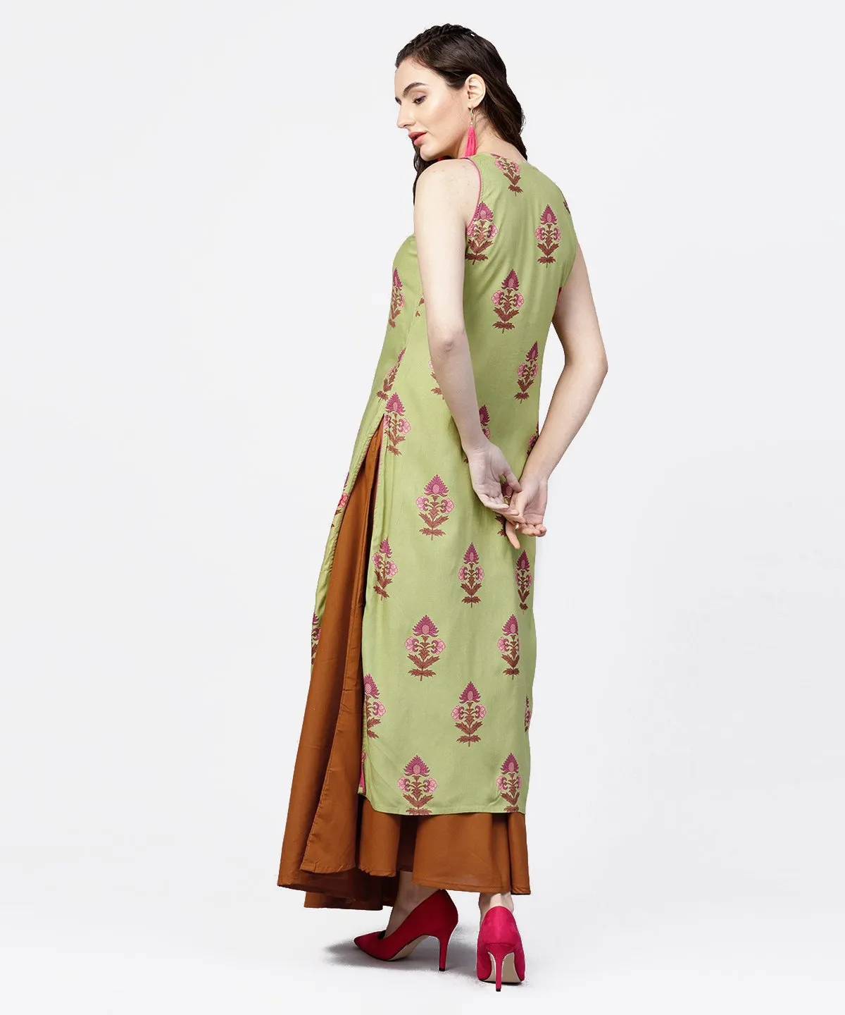 Green Printed Boat Neck Sleeveless Cotton Kurta Solid Skirt