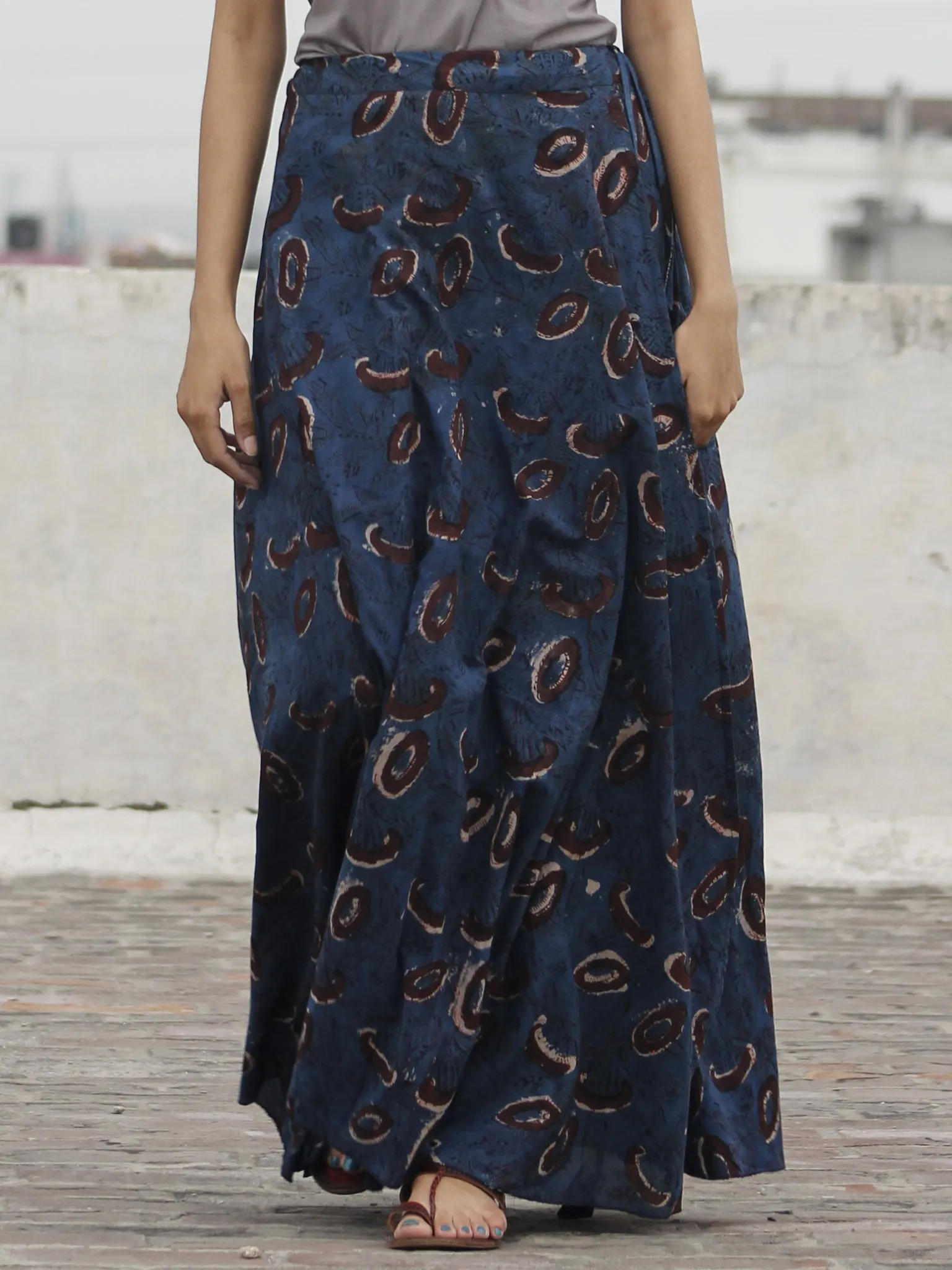 Hand Block Printed Wrap Around Skirt In Indigo Black Maroon - S40F373