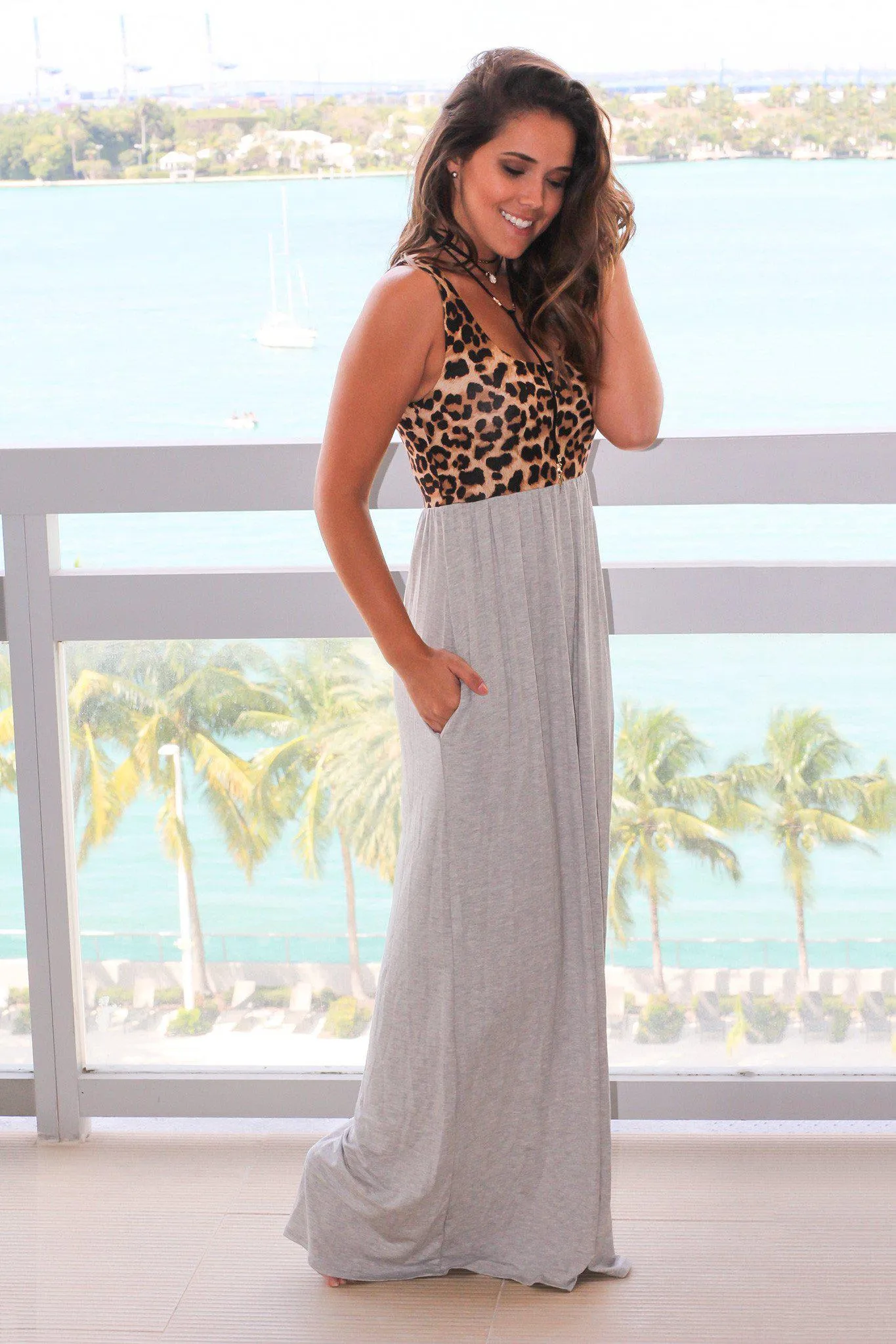 Heather Gray Leopard Maxi Dress With Pockets