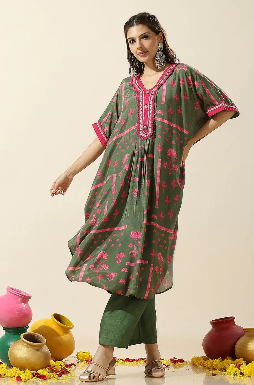 Heeriye-Green Printed Batwing Sleeves Two Piece Set