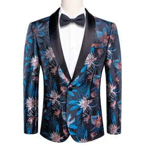 Hi-Tie Black Shawl Lapel Luxury Blue Pink White Floral Men's Suit Set