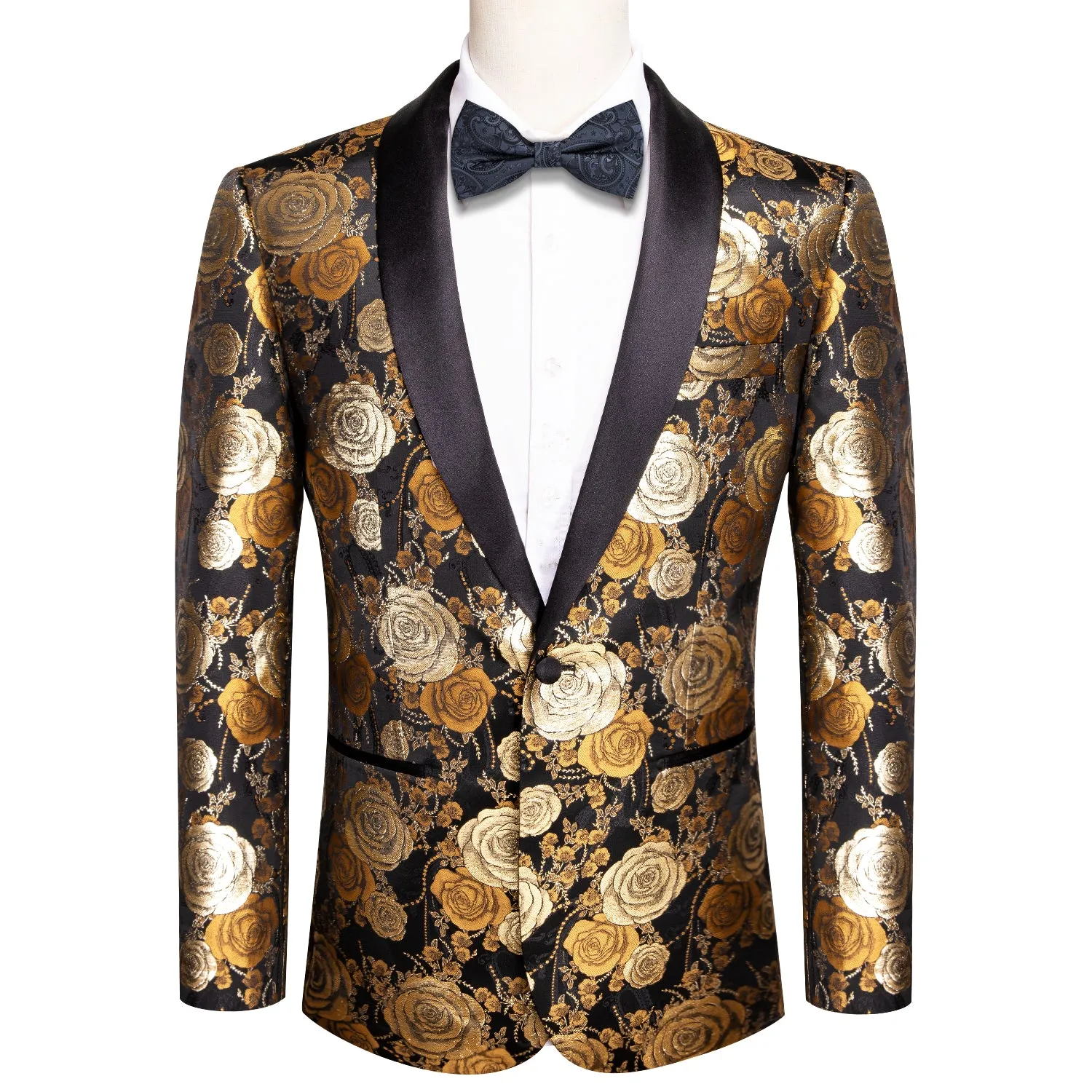 Hi-Tie Black Shawl Lapel Luxury Brown Golden Floral Men's Suit Set