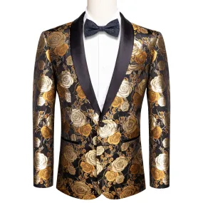 Hi-Tie Black Shawl Lapel Luxury Brown Golden Floral Men's Suit Set