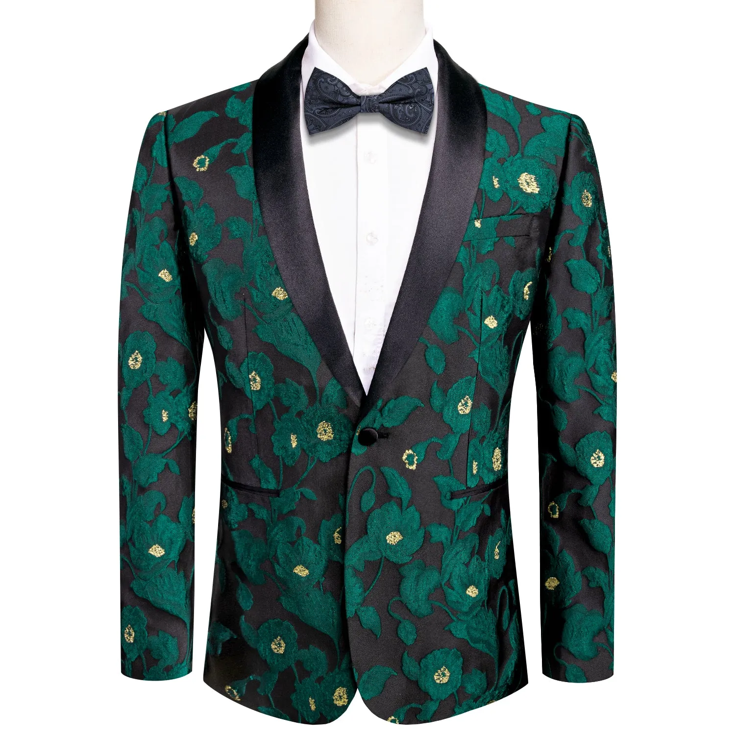 Hi-Tie Black Shawl Lapel Top Luxury Green Yellow Flower Men's Suit Set